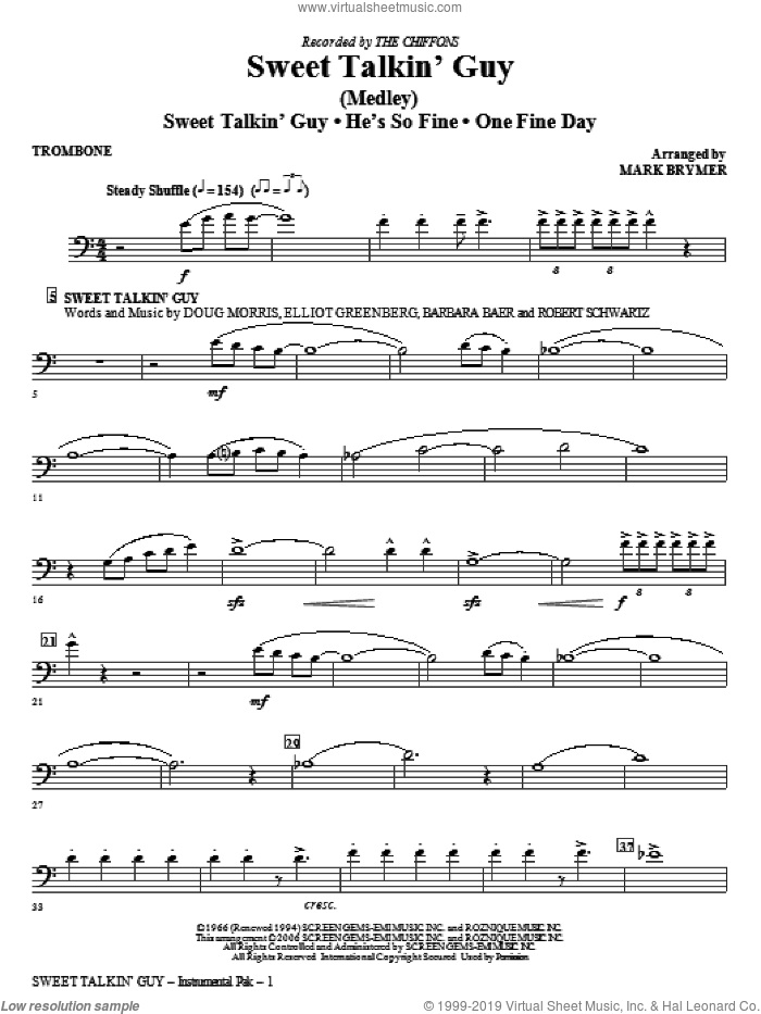 Sweet Talkin' Guy, music of the chiffons (medley) sheet music for orchestra/band (trombone) by Mark Brymer and The Chiffons, intermediate skill level