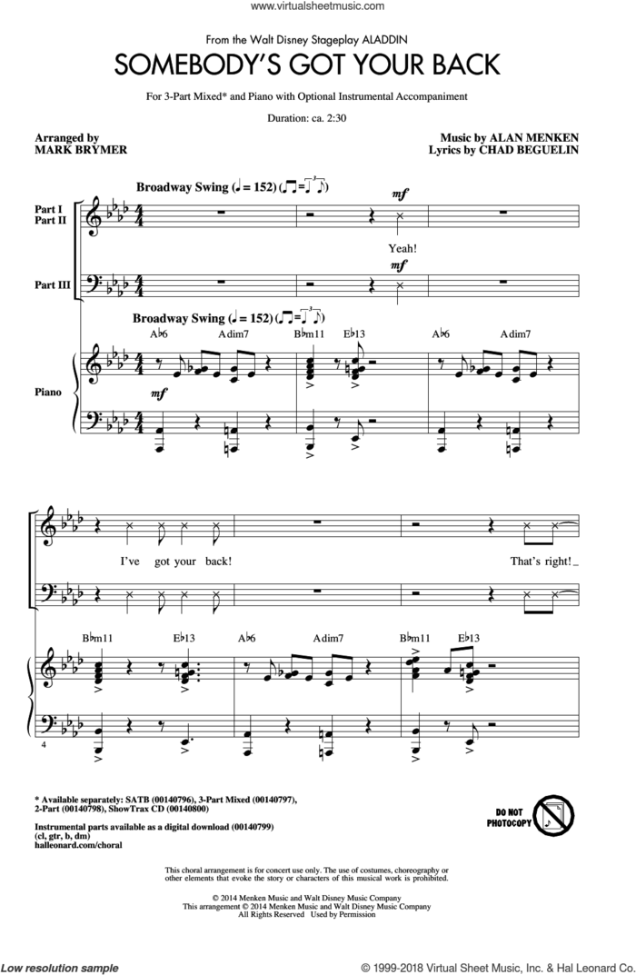 Somebody's Got Your Back sheet music for choir (3-Part Mixed) by Alan Menken, Mark Brymer and Chad Beguelin, intermediate skill level