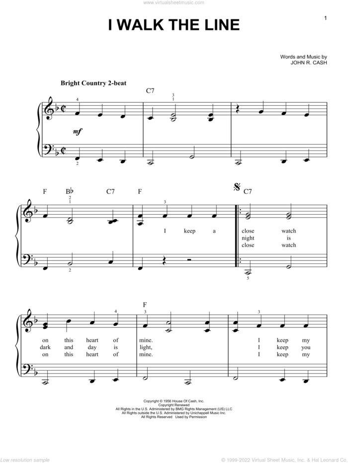 I Walk The Line, (beginner) sheet music for piano solo by Johnny Cash, beginner skill level