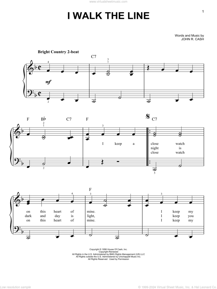 I Walk The Line, (beginner) sheet music for piano solo by Johnny Cash, beginner skill level