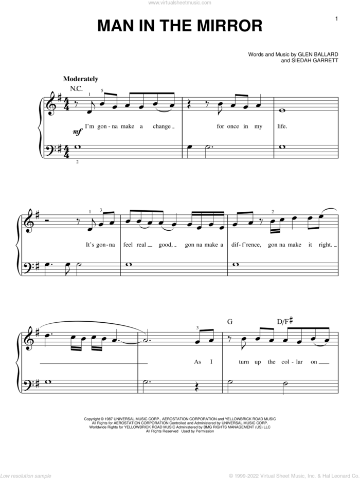 Man In The Mirror, (beginner) sheet music for piano solo by Michael Jackson, Glen Ballard and Siedah Garrett, beginner skill level