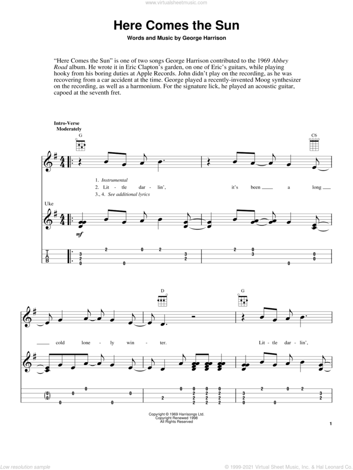 Here Comes The Sun sheet music for ukulele (easy tablature) (ukulele easy tab) by The Beatles, Fred Sokolow and George Harrison, intermediate skill level