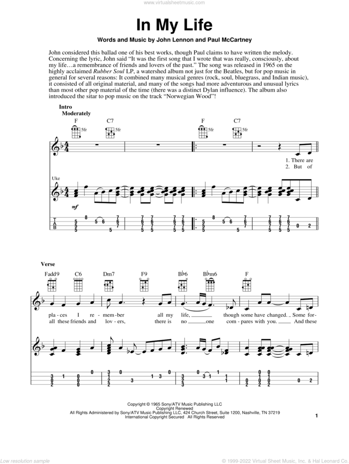 In My Life sheet music for ukulele (easy tablature) (ukulele easy tab) by The Beatles, Fred Sokolow, John Lennon and Paul McCartney, wedding score, intermediate skill level