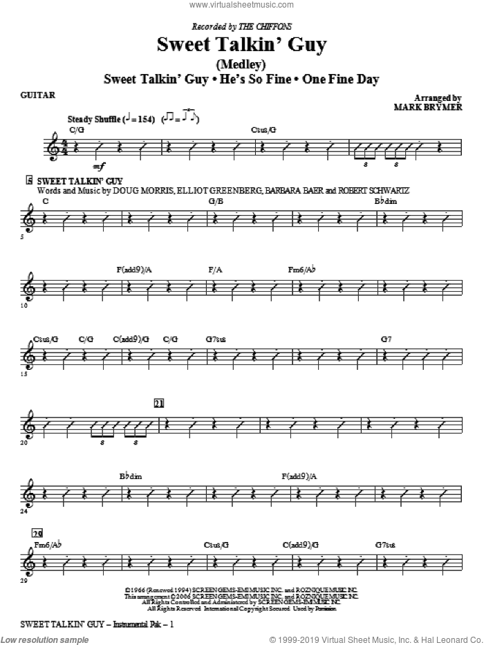 Sweet Talkin' Guy, music of the chiffons (medley) sheet music for orchestra/band (guitar) by Mark Brymer and The Chiffons, intermediate skill level