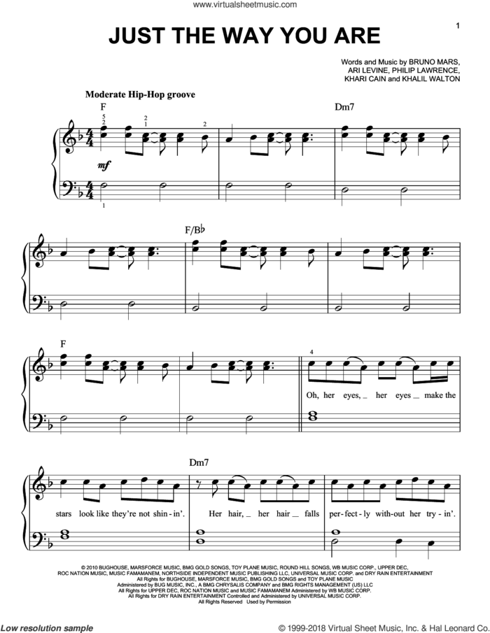 Just The Way You Are sheet music for piano solo by Bruno Mars, Glee Cast, Ari Levine, Khalil Walton, Khari Cain and Philip Lawrence, wedding score, beginner skill level