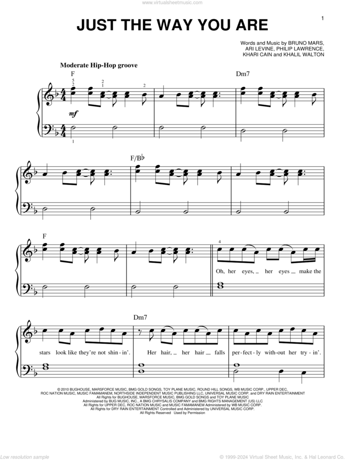 Just The Way You Are sheet music for piano solo by Bruno Mars, Glee Cast, Ari Levine, Khalil Walton, Khari Cain and Philip Lawrence, wedding score, beginner skill level