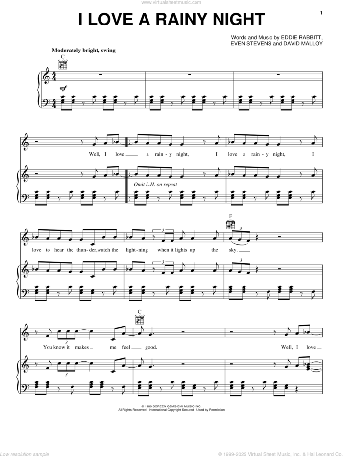 I Love A Rainy Night sheet music for voice, piano or guitar by Eddie Rabbitt, David Malloy and Even Stevens, intermediate skill level