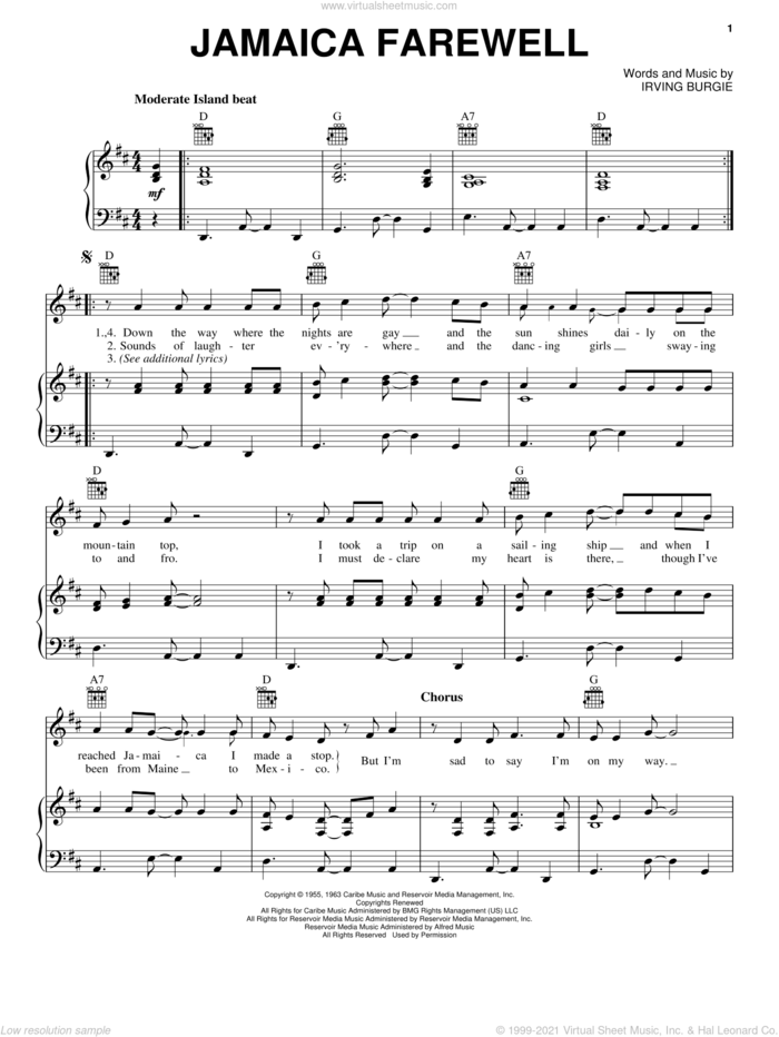 Jamaica Farewell sheet music for voice, piano or guitar by Harry Belafonte and Irving Burgie, intermediate skill level