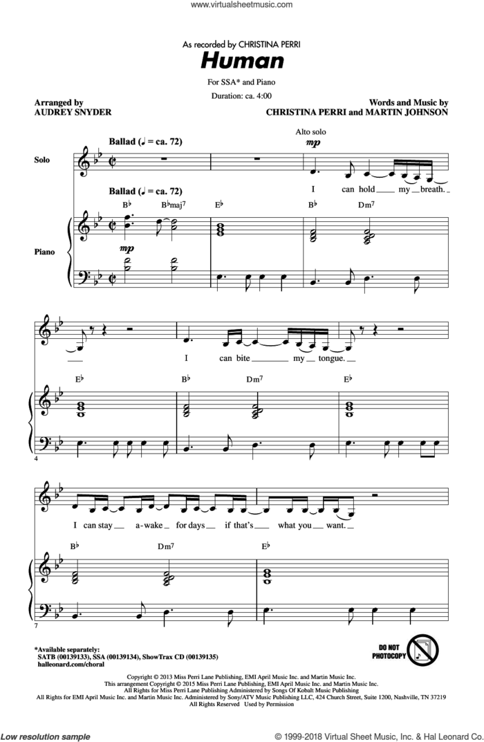 Human sheet music for choir (SSA: soprano, alto) by Christina Perri, Audrey Snyder and Martin Johnson, intermediate skill level