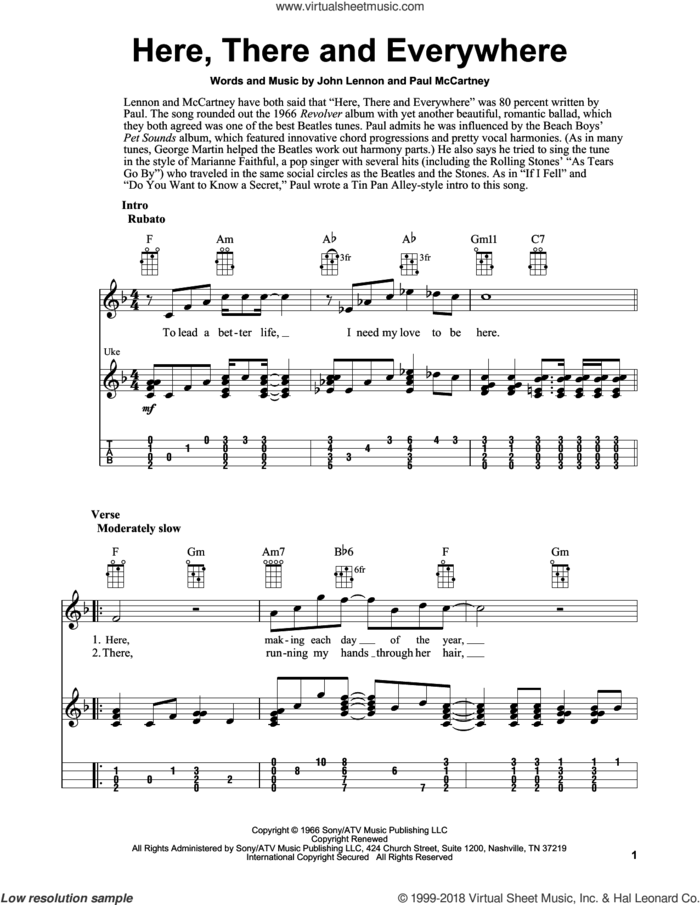 Here, There And Everywhere sheet music for ukulele (easy tablature) (ukulele easy tab) by The Beatles, Fred Sokolow, George Benson, John Lennon and Paul McCartney, wedding score, intermediate skill level