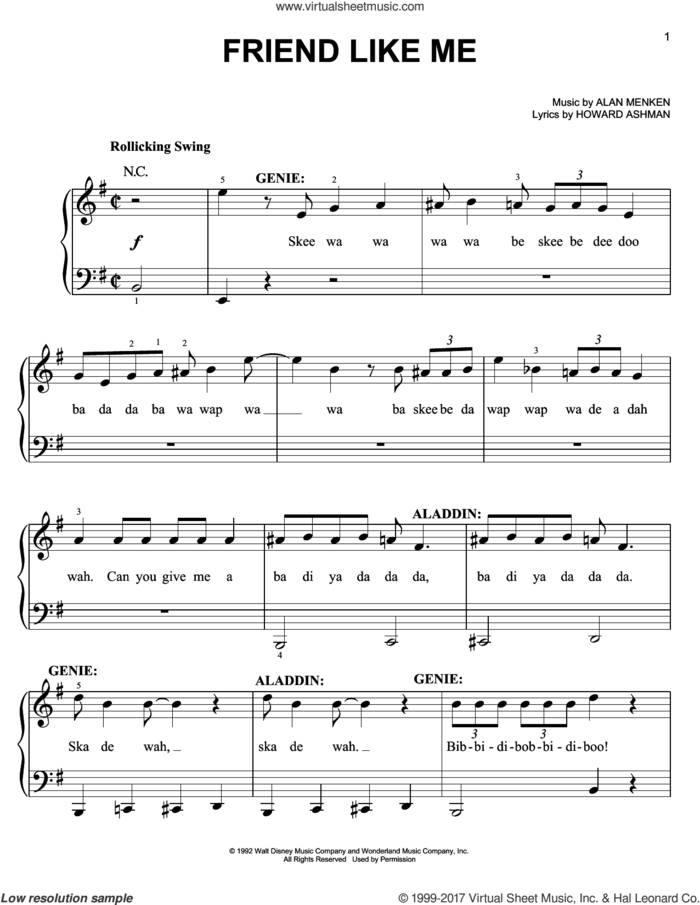 Friend Like Me (from Aladdin: The Broadway Musical) sheet music for piano solo by Alan Menken, Alan Menken & Howard Ashman and Howard Ashman, easy skill level