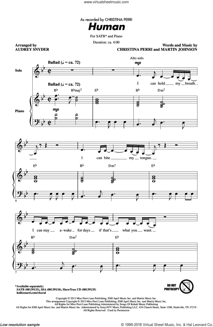 Human sheet music for choir (SATB: soprano, alto, tenor, bass) by Christina Perri, Audrey Snyder and Martin Johnson, intermediate skill level