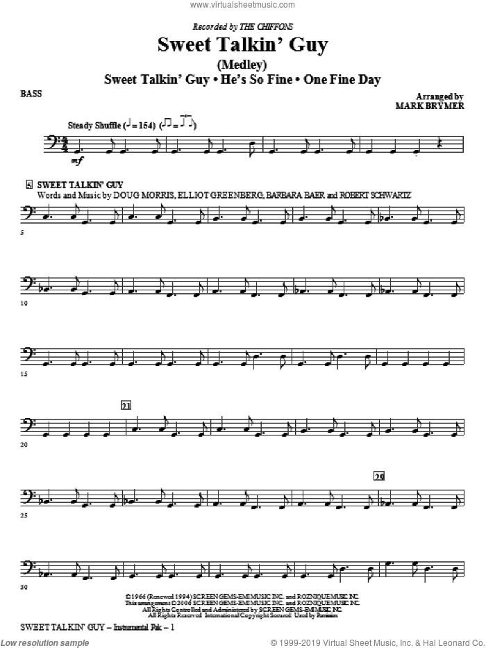Sweet Talkin' Guy, music of the chiffons (medley) sheet music for orchestra/band (bass) by Mark Brymer and The Chiffons, intermediate skill level