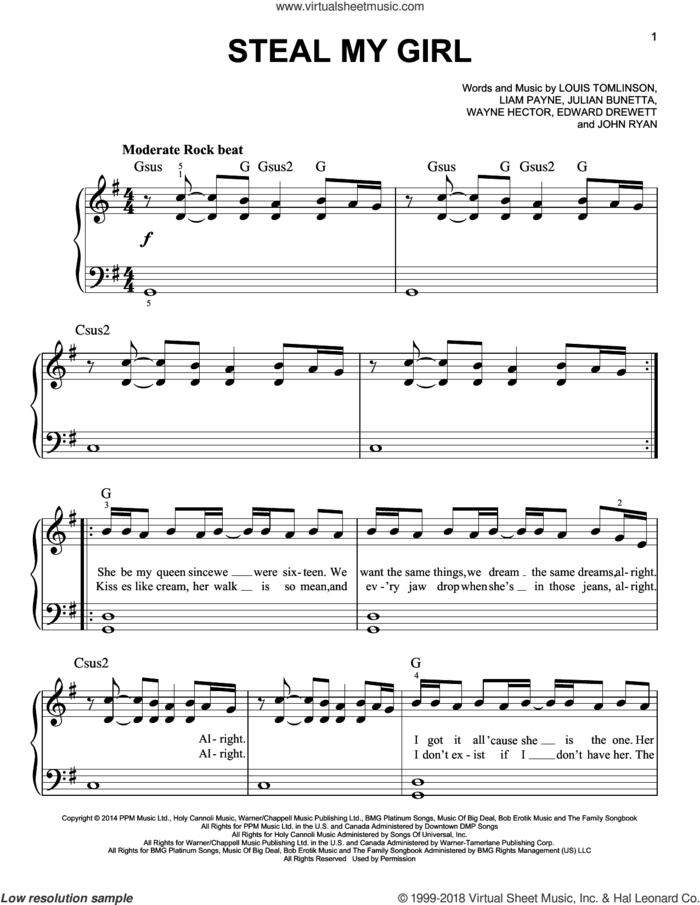 Steal My Girl sheet music for piano solo by One Direction, Edward Drewett, John Ryan, Julian Bunetta, Liam Payne, Louis Tomlinson and Wayne Hector, easy skill level