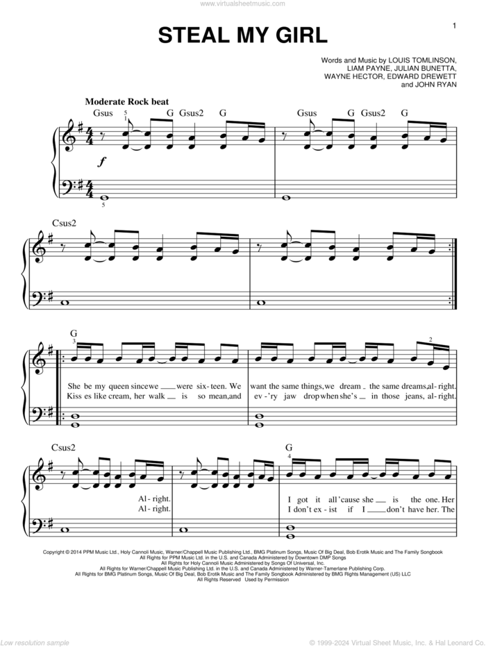 Steal My Girl, (easy) sheet music for piano solo by One Direction, Edward Drewett, John Ryan, Julian Bunetta, Liam Payne, Louis Tomlinson and Wayne Hector, easy skill level