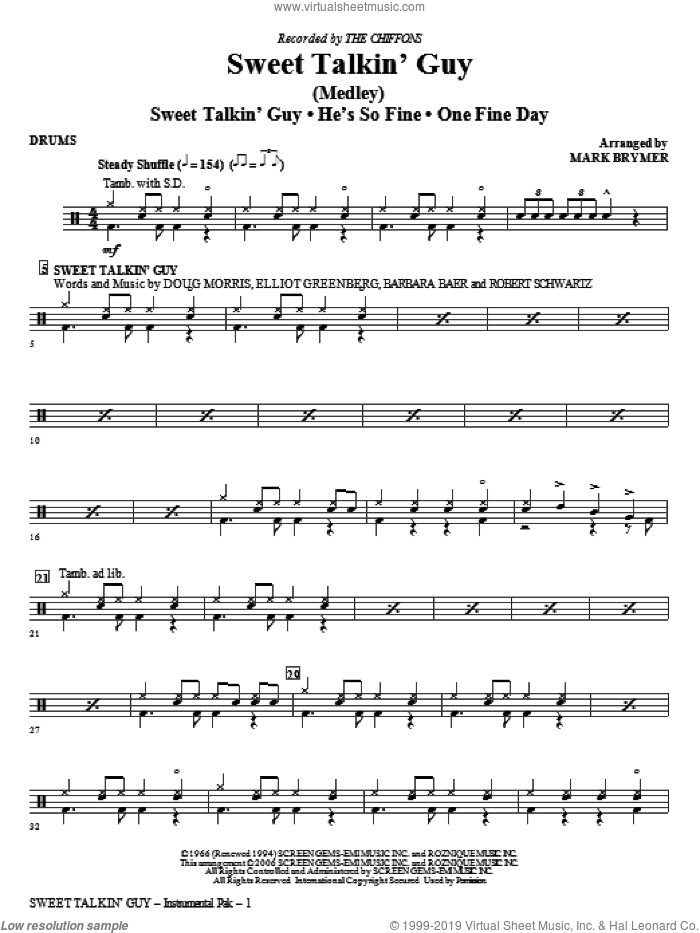 Sweet Talkin' Guy, music of the chiffons (medley) sheet music for orchestra/band (drums) by Mark Brymer and The Chiffons, intermediate skill level