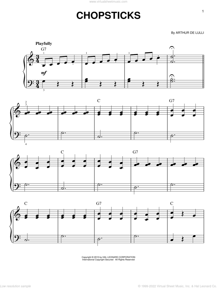 Chopsticks, (beginner) sheet music for piano solo by Arthur de Lulli, beginner skill level