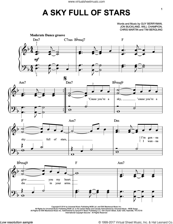 A Sky Full Of Stars, (easy) sheet music for piano solo by Coldplay, Chris Martin, Guy Berryman, Jon Buckland, Tim Bergling and Will Champion, wedding score, easy skill level