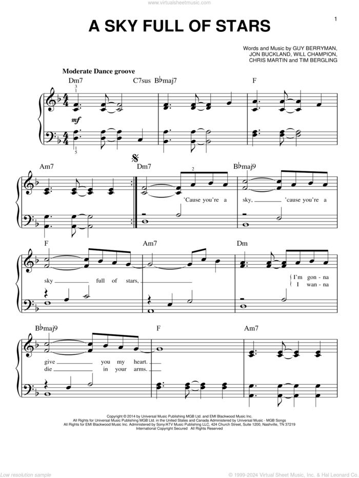 A Sky Full Of Stars, (easy) sheet music for piano solo by Coldplay, Chris Martin, Guy Berryman, Jon Buckland, Tim Bergling and Will Champion, wedding score, easy skill level