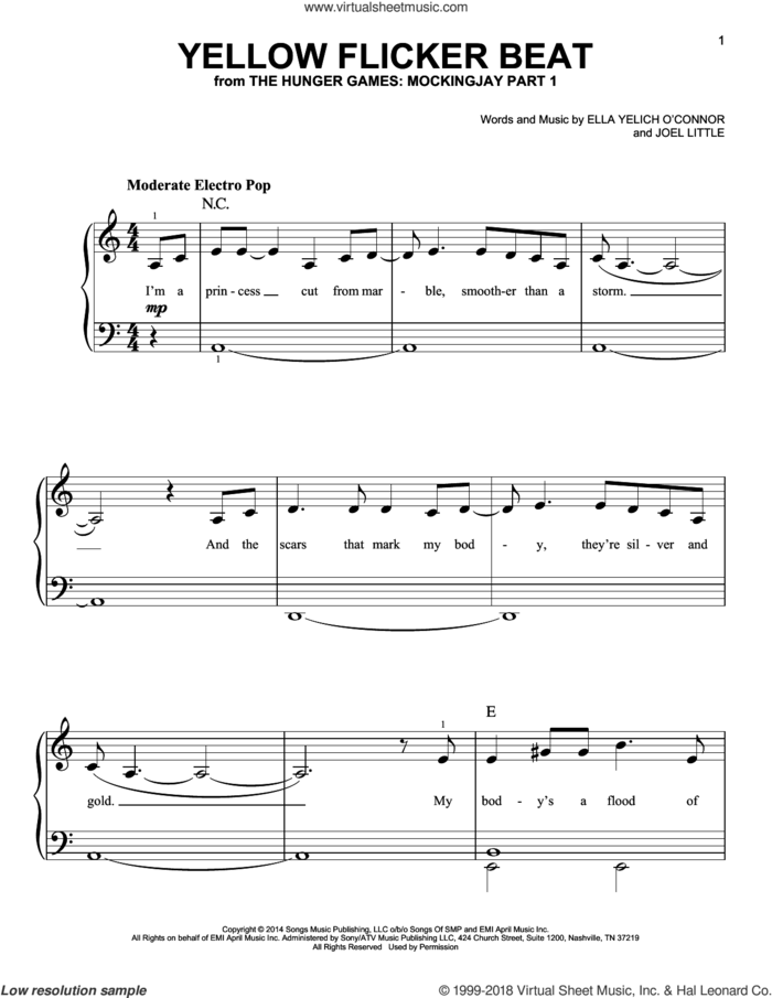 Yellow Flicker Beat sheet music for piano solo by Lorde and Joel Little, easy skill level