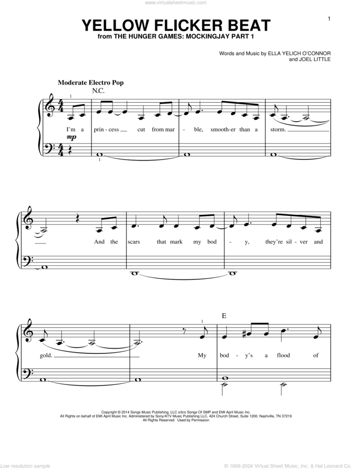 Yellow Flicker Beat sheet music for piano solo by Lorde and Joel Little, easy skill level