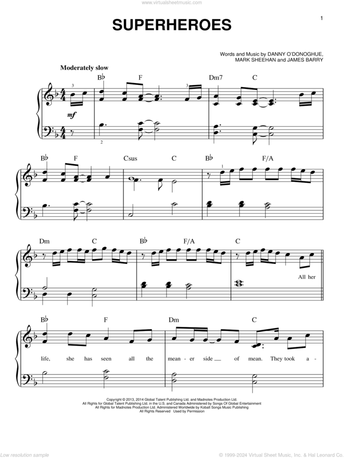 Superheroes, (easy) sheet music for piano solo by The Script, James Barry and Mark Sheehan, easy skill level