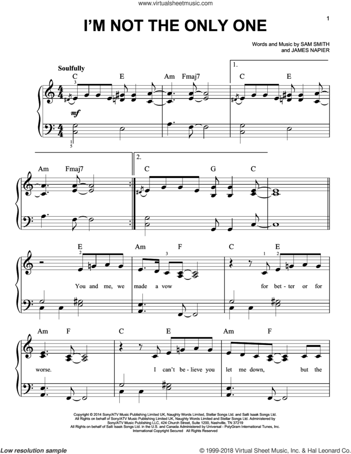 I'm Not The Only One sheet music for piano solo by Sam Smith and James Napier, easy skill level