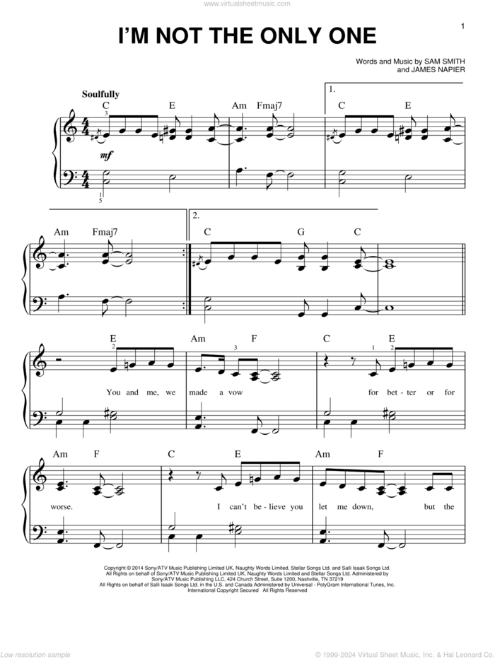 I'm Not The Only One sheet music for piano solo by Sam Smith and James Napier, easy skill level