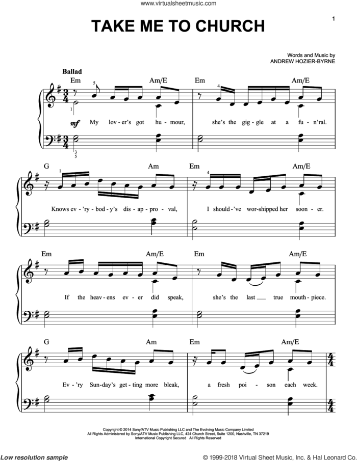Take Me To Church, (easy) sheet music for piano solo by Hozier and Andrew Hozier-Byrne, easy skill level