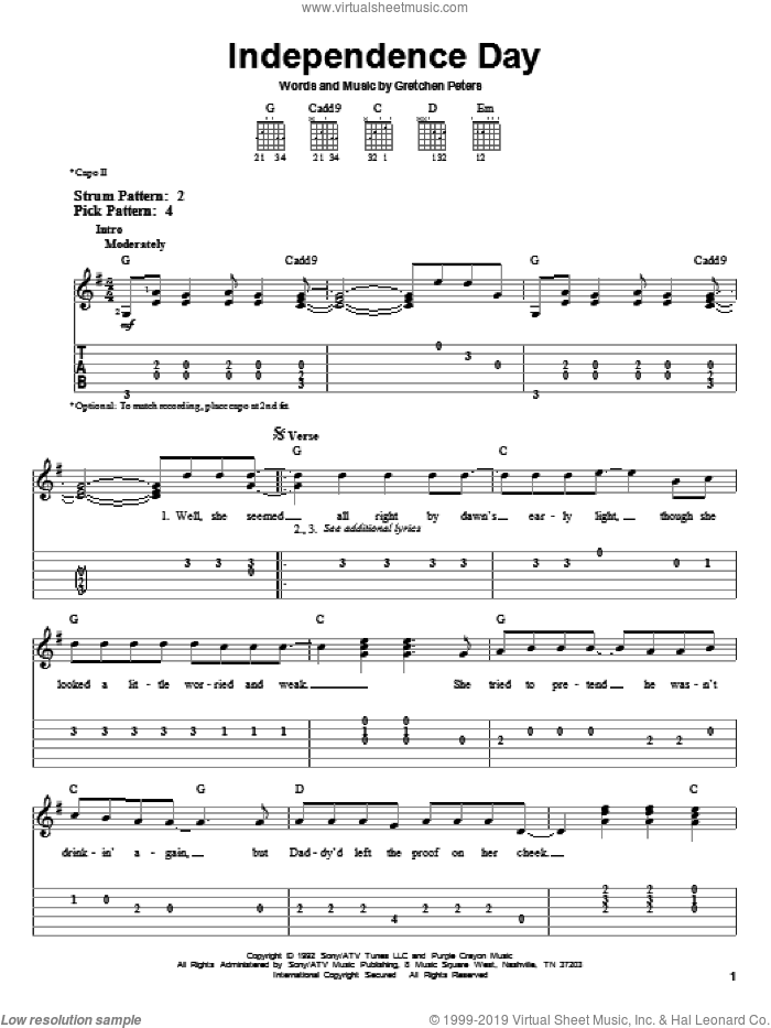 Independence Day sheet music for guitar solo (easy tablature) by Martina McBride and Gretchen Peters, easy guitar (easy tablature)