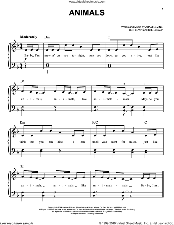 Animals sheet music for piano solo by Maroon 5, Adam Levine, Benjamin Levin and Shellback, easy skill level