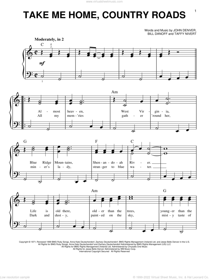 Take Me Home, Country Roads, (beginner) sheet music for piano solo by John Denver, Bill Danoff and Taffy Nivert, beginner skill level