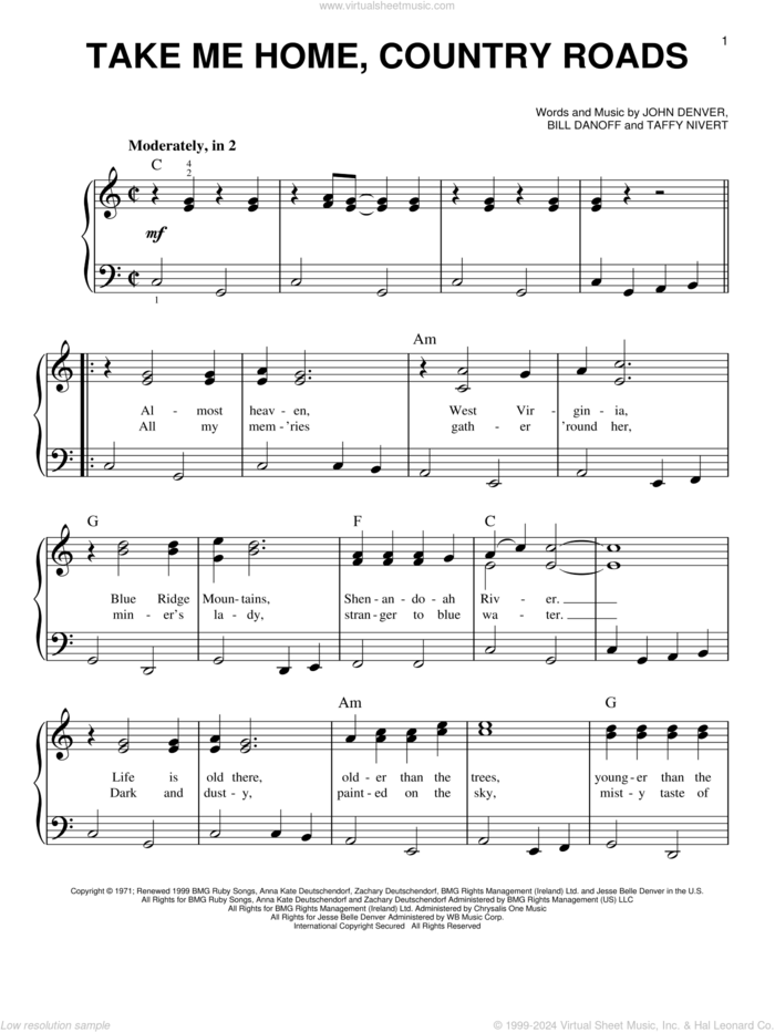 Take Me Home, Country Roads, (beginner) sheet music for piano solo by John Denver, Bill Danoff and Taffy Nivert, beginner skill level