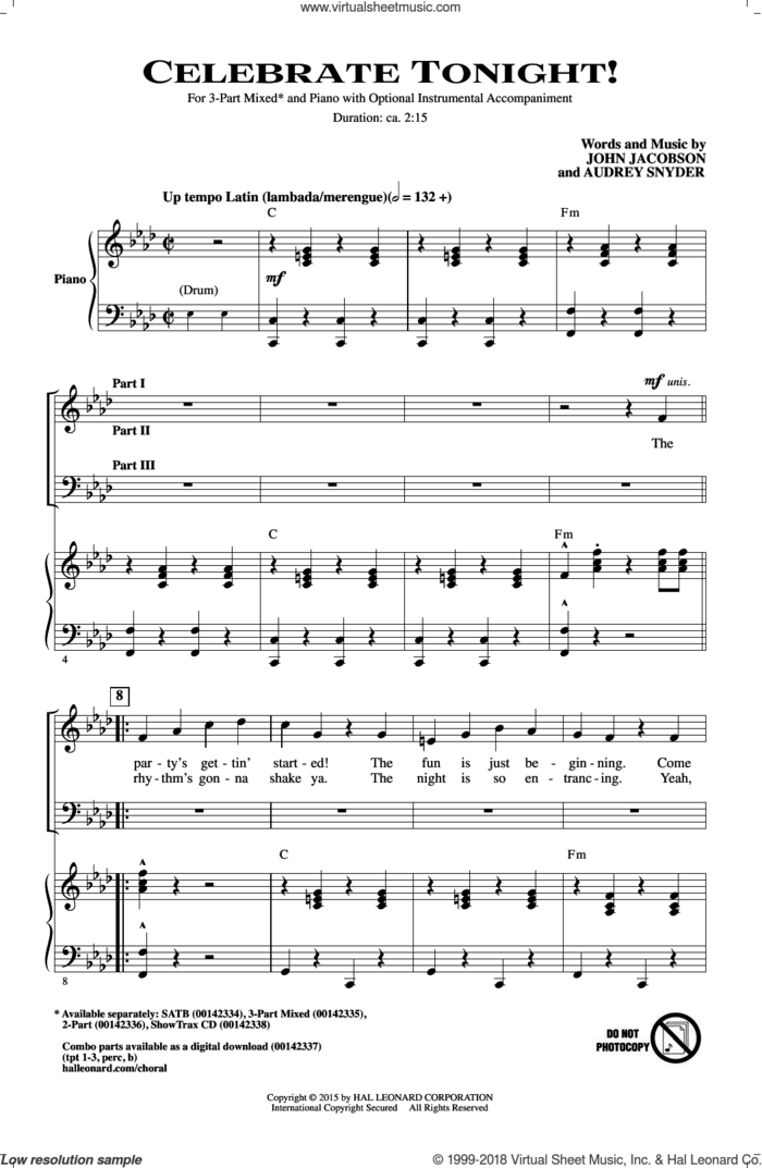 Celebrate Tonight! sheet music for choir (3-Part Mixed) by Audrey Snyder and John Jacobson, intermediate skill level