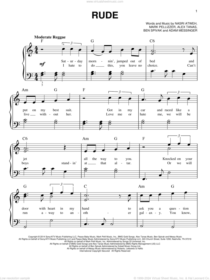 Rude, (easy) sheet music for piano solo by MAGIC!, Adam Messinger, Alex Tanas, Ben Spivak, Mark Pellizzer and Nasri Atweh, easy skill level