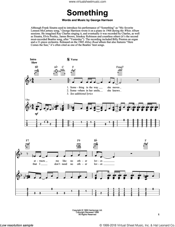 Something sheet music for ukulele (easy tablature) (ukulele easy tab) by The Beatles, Fred Sokolow and George Harrison, intermediate skill level