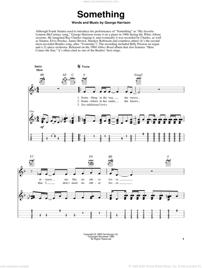 Something sheet music for ukulele (easy tablature) (ukulele easy tab) by The Beatles, Fred Sokolow and George Harrison, intermediate skill level