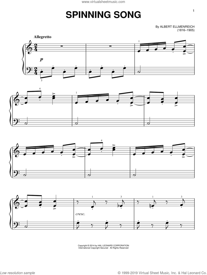 Spinning Song sheet music for piano solo by Albert Ellemreich, classical score, beginner skill level
