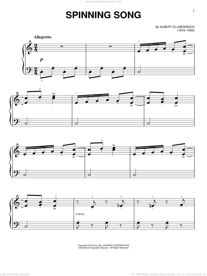 Spinning Song sheet music for piano solo by Albert Ellemreich, classical score, beginner skill level