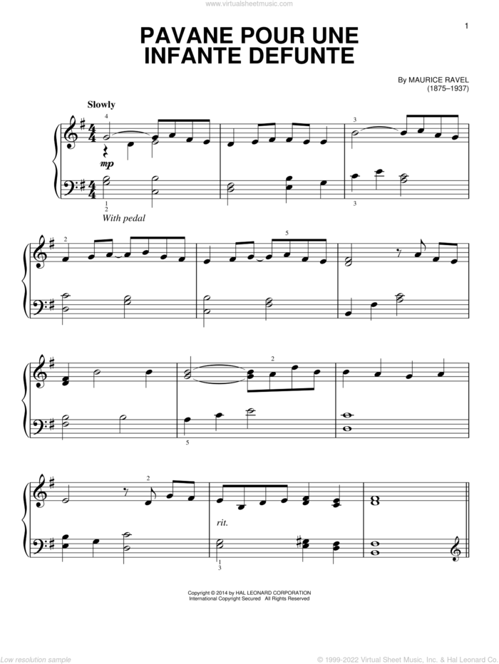 Pavane Pour Une Infante Defunte, (beginner) sheet music for piano solo by Maurice Ravel, classical score, beginner skill level