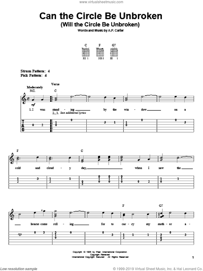 Can The Circle Be Unbroken (Will The Circle Be Unbroken) sheet music for guitar solo (easy tablature) by The Carter Family and A.P. Carter, easy guitar (easy tablature)