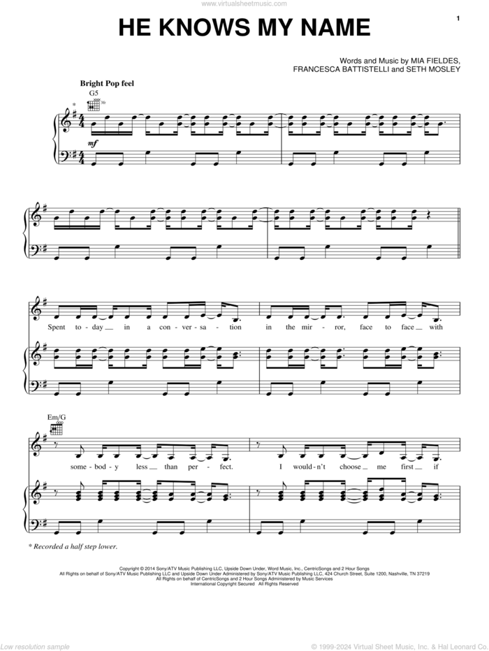 He Knows My Name sheet music for voice, piano or guitar by Francesca Battistelli, Mia Fieldes and Seth Mosley, intermediate skill level