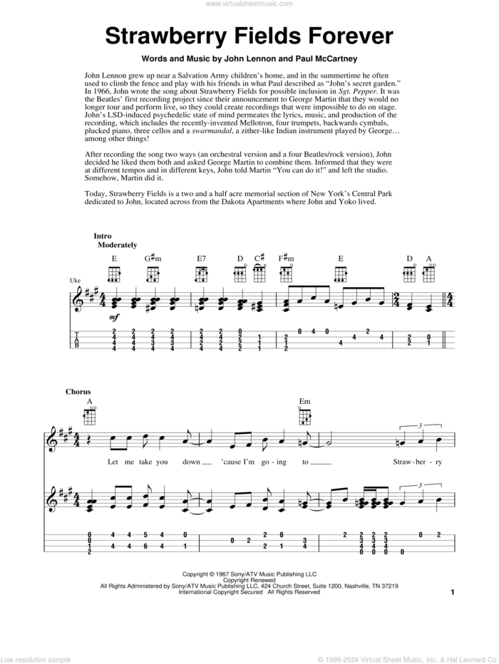 Strawberry Fields Forever sheet music for ukulele (easy tablature) (ukulele easy tab) by The Beatles, Fred Sokolow, John Lennon and Paul McCartney, intermediate skill level