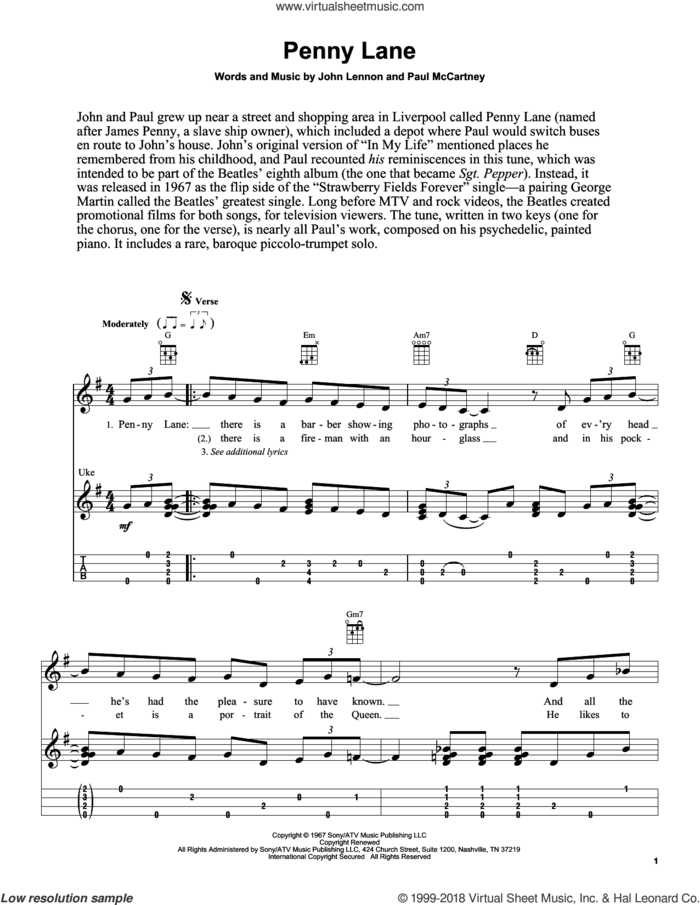 Penny Lane sheet music for ukulele (easy tablature) (ukulele easy tab) by The Beatles, Fred Sokolow, John Lennon and Paul McCartney, intermediate skill level