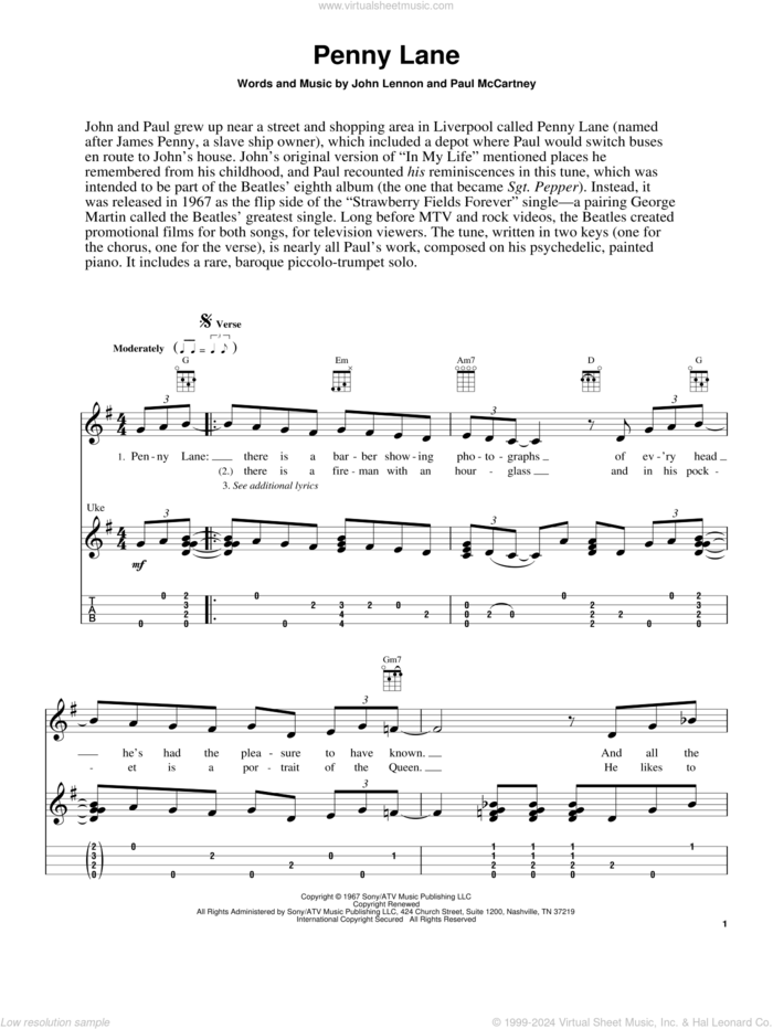 Penny Lane sheet music for ukulele (easy tablature) (ukulele easy tab) by The Beatles, Fred Sokolow, John Lennon and Paul McCartney, intermediate skill level