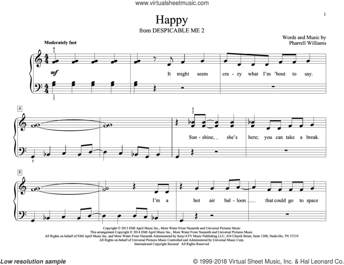 Happy sheet music for piano solo (elementary) by Pharrell, John Thompson and Pharrell Williams, beginner piano (elementary)