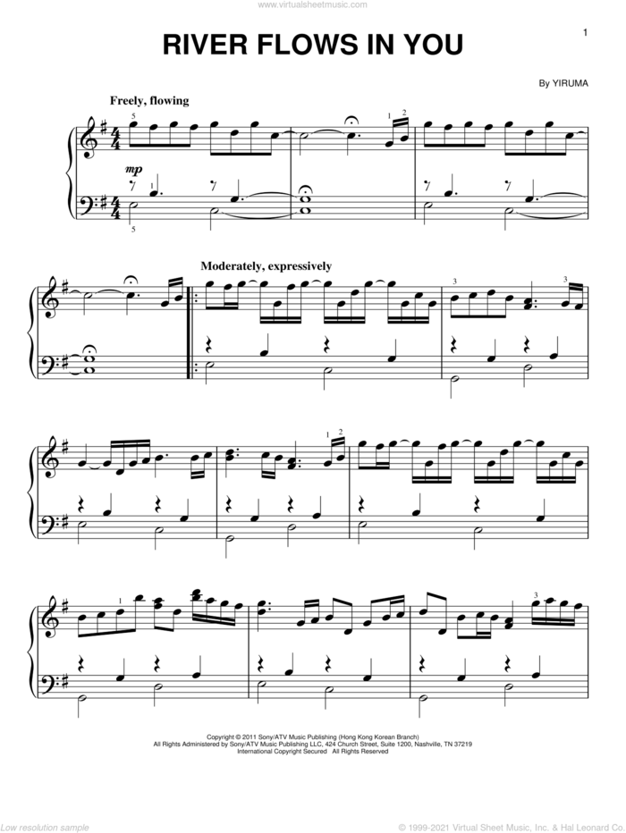 River Flows In You sheet music for piano solo by Yiruma, classical score, beginner skill level