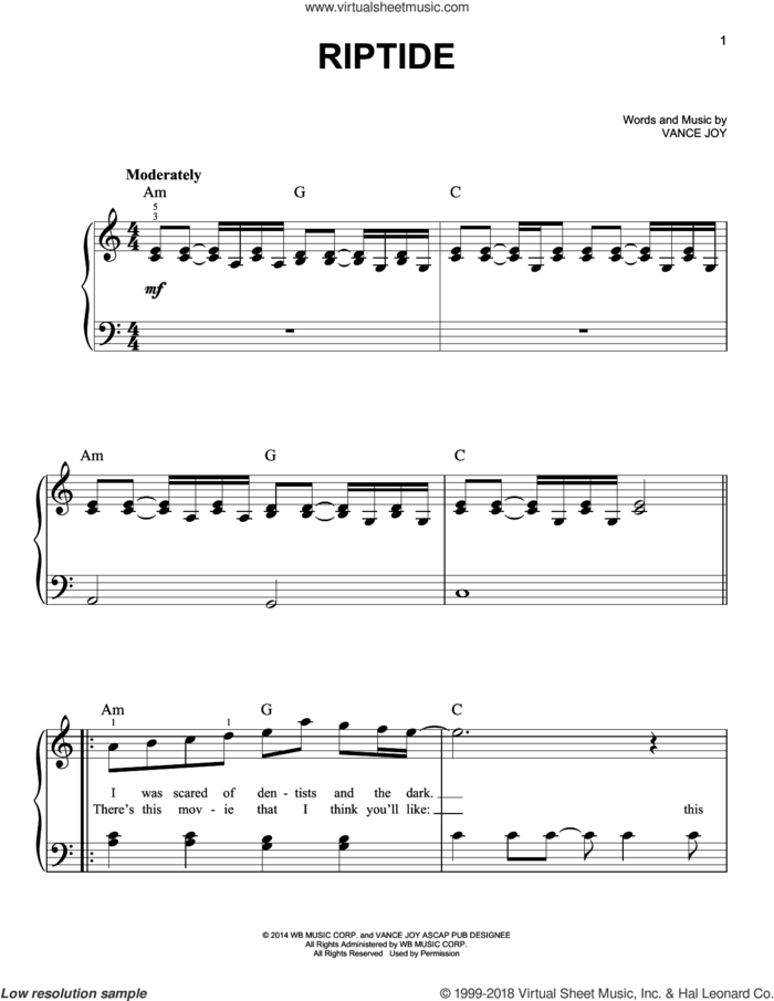 Riptide sheet music for piano solo by Vance Joy, easy skill level
