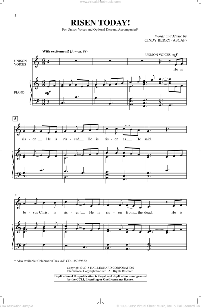 Risen Today! sheet music for choir (Unison) by Cindy Berry, intermediate skill level