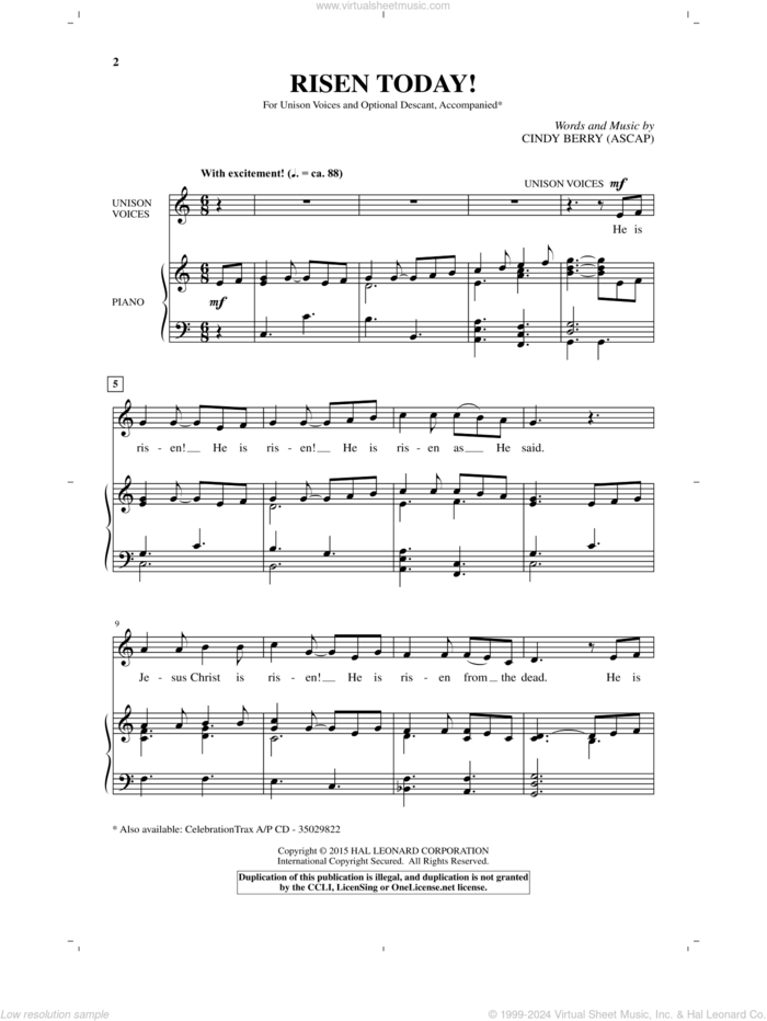 Risen Today! sheet music for choir (Unison) by Cindy Berry, intermediate skill level